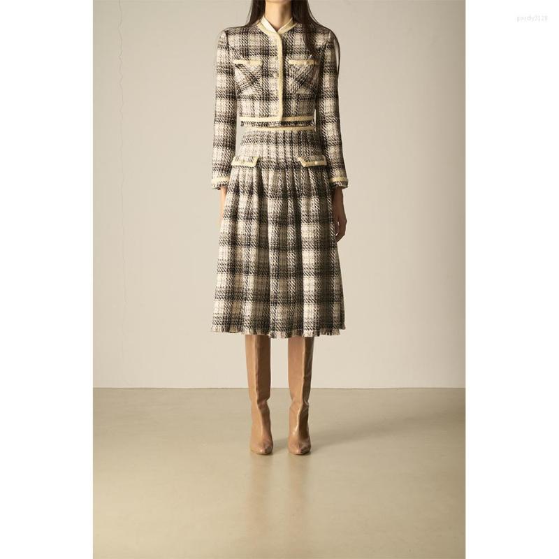 

Work Dresses Elegant Checker Tweed Cropped Jacket/Pleated Full Skirt Set Plaid Gingham Knit Pearl Button Ruched Flap Pocket Tailored Uniform, Jacket and skirt