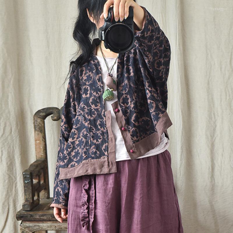 

Women's Jackets Women's Johnature Women Vintage Print Floral Linen High Quality Coats 2023 Autumn Original Button Female Chinese Style, Navy blue
