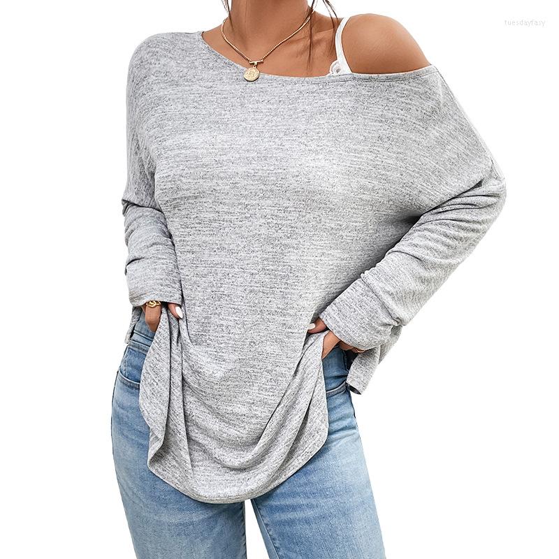

Women' T Shirts Spring Autumn Ladies T-Shirts Casual Loose Shirt Women Long Sleeve O Neck Off Shoulder Tops Solid Color Tshirt Female Tee, Light gray