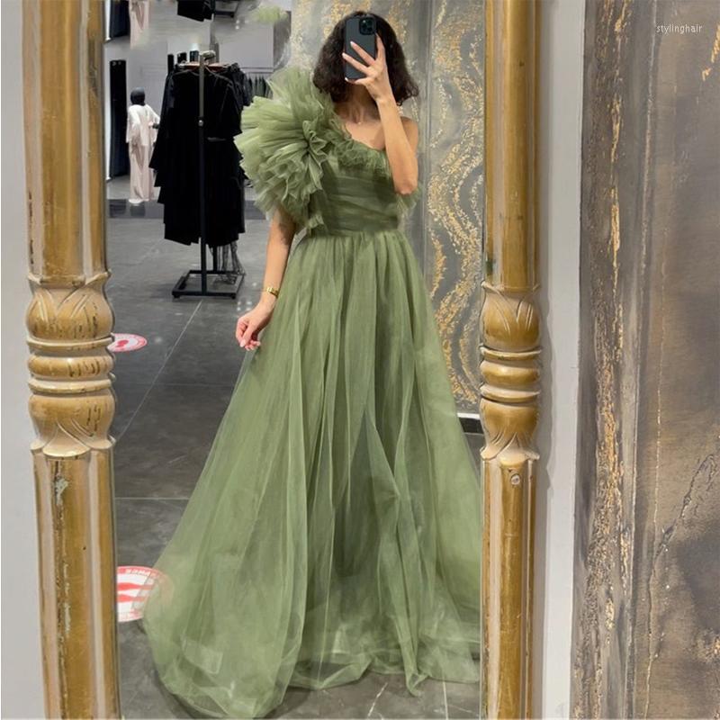 

Party Dresses 2023 Green One Shoulder Long Prom Vestido Longo Saudi Ruffles Pleats Evening Dress Dubai Formal Women's Gowns, Black