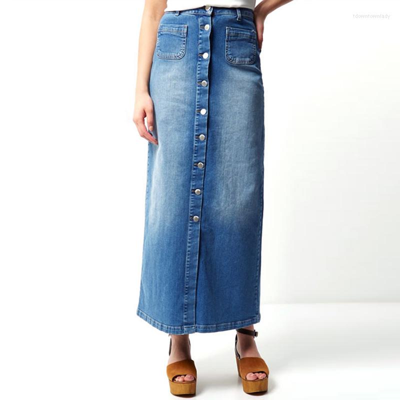 

Skirts Women Long Skirt Jeans Denim Elegant High Waist Single Breasted Maxi Front Slit Outfit Office Lady Casual Streetwear Party, Blue