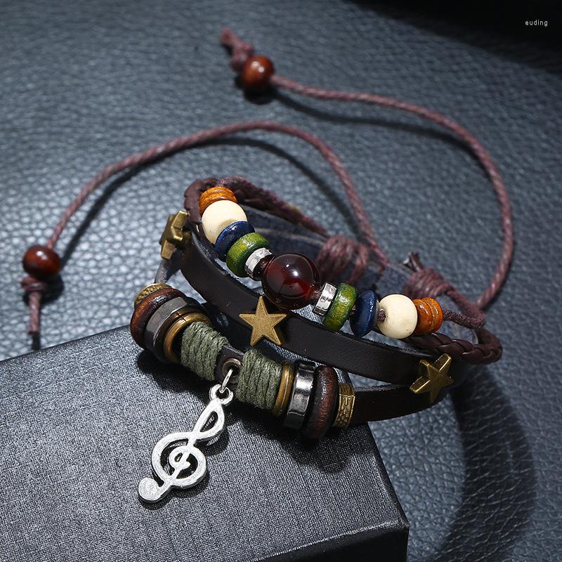 

Link Bracelets 2023 Fashion Multilayer Beaded Cowhide Bracelet For Men And Women Music Note Pendant Accessories