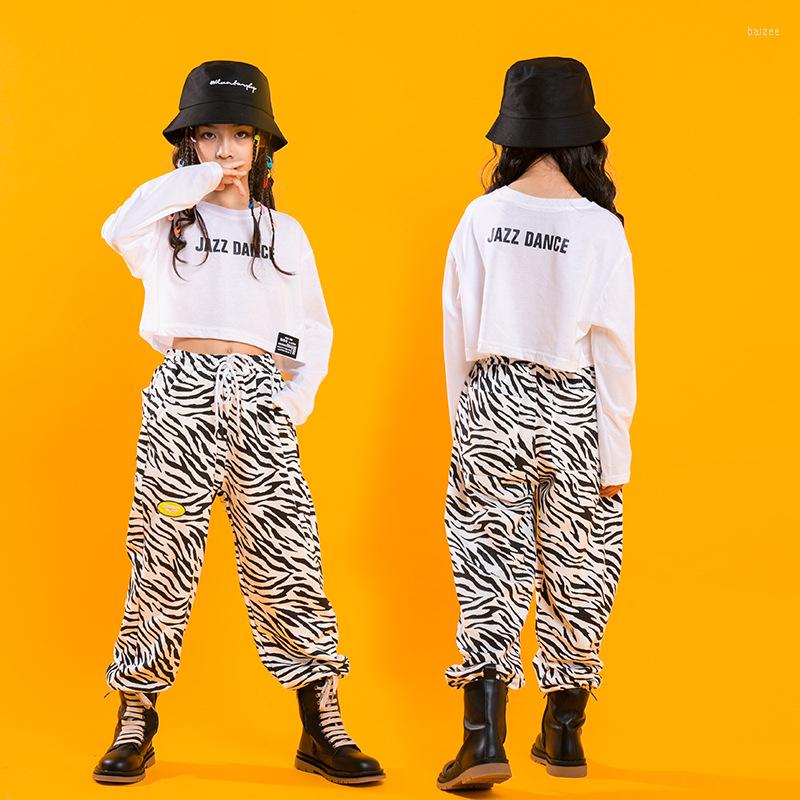 

Stage Wear Hip Hop Clothes For Children White T Shirt Crop Top Zebra Tactical Cargo Pants Girls Jazz Dance Costumes Performance Outfits, Beige