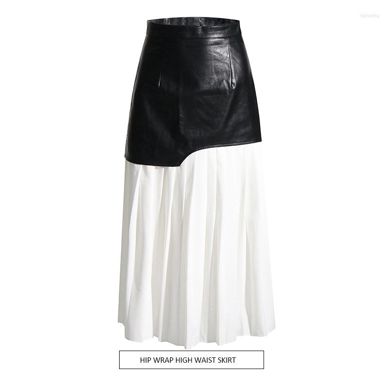 

Skirts Street Style Color Contrast Leather Women' Skirt Autumn Fashion High Waist Splice Irregular A-line, Black