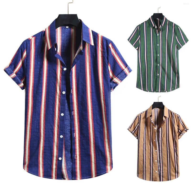 

Men's Casual Shirts Navy Blue Tee Blouse Sleeve Linen Short Shirt Button Cotton Men's Stripe Top Print Fashion Men Black T, Khaki