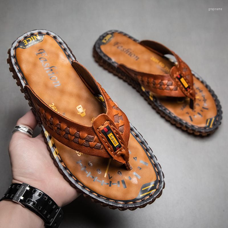 

Slippers High Quality Luxury Summer Genuine Leather Men's Flip Flops Shoes Outdoor Beach Casual Non-slip Flat Trend Zapatillas, Brown