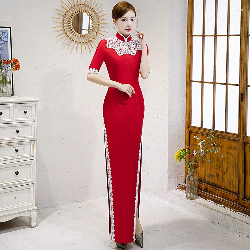 

Ethnic Clothing Autumn Winter Sexy Chinese Qipao Woman Bride Wedding Red Cheongsam Lace Dress Oriental Style Dresses Traditional Evening