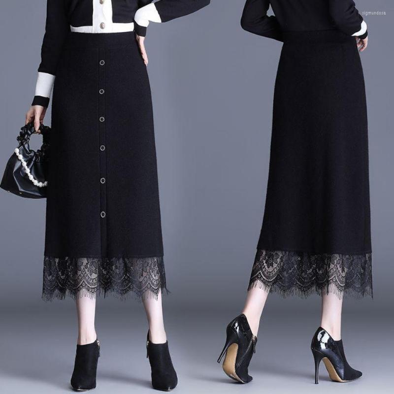 

Skirts 2023 Spring Autumn Elegant Lace Patchwork Straight Midi Women Elastic Waist Knitted Sweater Buttons Hip Skirt M80, Black