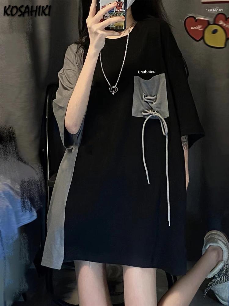 

Women's T Shirts KOSAHIKI Vintage Contrast Color T-shirt Women Loose Casual All Match Punk Streetwear Graphic Goth Harajuku Tee, Black