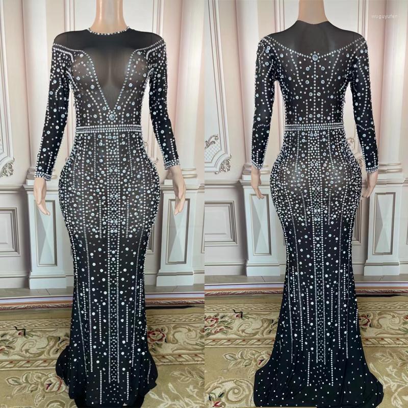 

Stage Wear Full Rhinestones Peals Dress Sexy Black Mesh Evening Dresses Women Birthday Celebrate Outfit Catwalk Prom XS5144