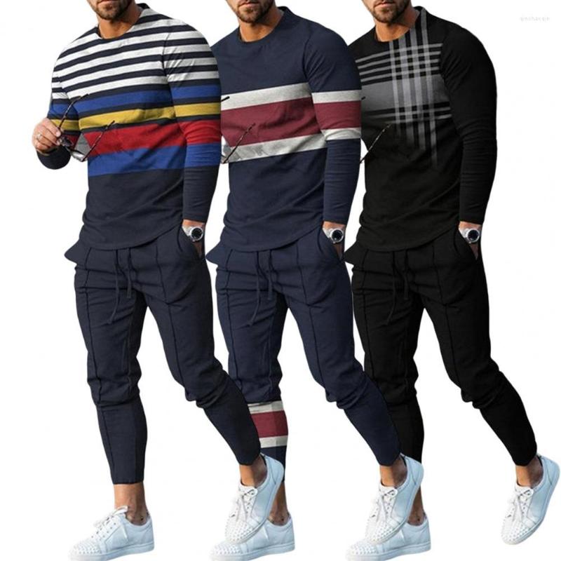 

Gym Clothing Stylish Men Outfit Pockets Spring Autumn Printed T-shirt Sweatpants Two Piece Set Temperament Top Pants Streetwear, Black