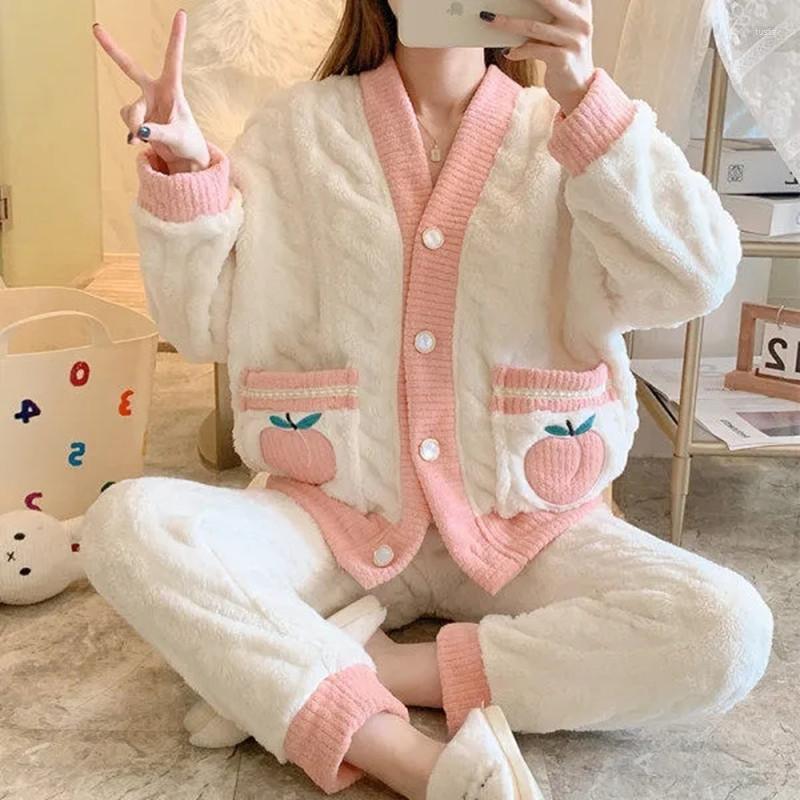 

Women's Sleepwear Autumn Winter Flannel Warm Pajamas Set Women Long Sleeve Home Suit Velvet Thicken Pyjamas Sets, Color 10