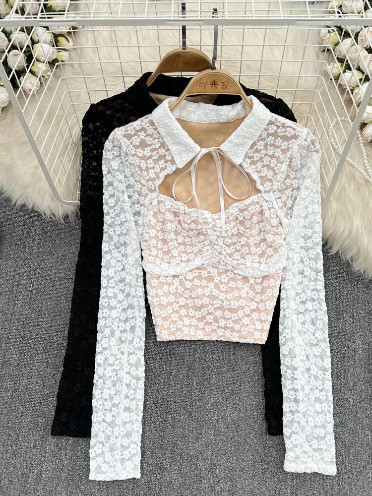 

Women's Blouses Autumn Black/White Sexy Hollow Out Lace Blouse Women Elegant Square Collar Long Sleeve Short Tops Female Party Shirt Fashion