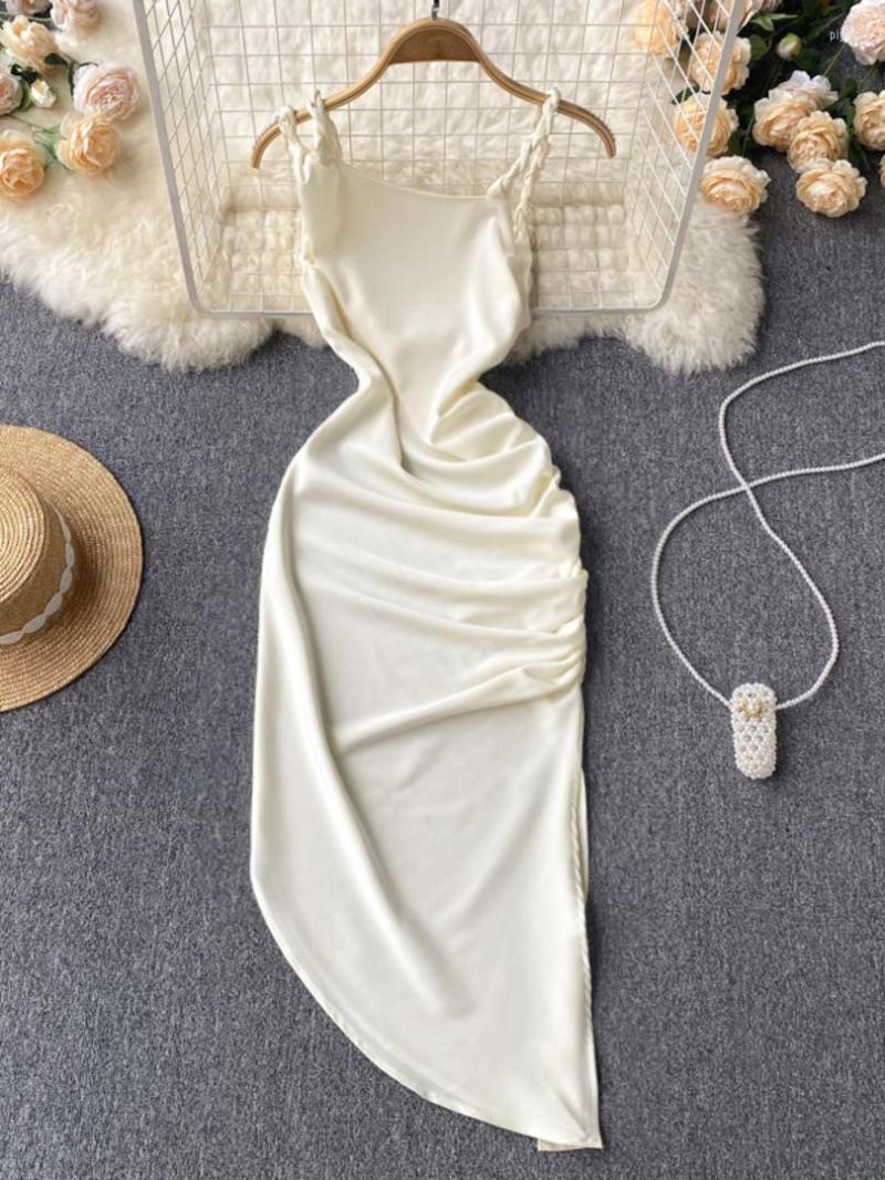 

Casual Dresses Sexy Party Dress Korean Fashion Spaghetti Strap Irregular Club Outfits Solid Sleeveless Folded Split Long Summer Vestidos, Black