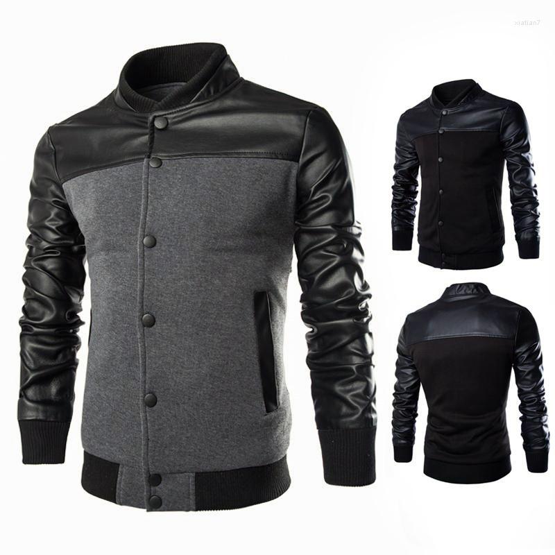 

Men's Hoodies 2023 Style Fashion PU Leather Joint Design Hoodie England Slim Fit Stand Collar Jacket Foreign Trade, Dark gray