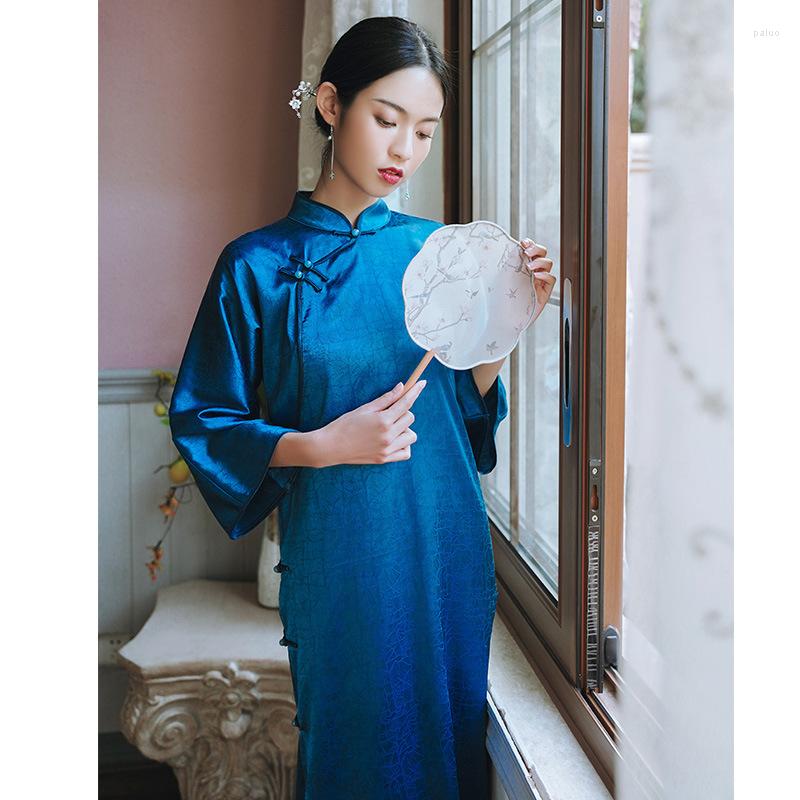 

Ethnic Clothing Original Vintage Blue Stand Collar Jacquard Trumpet Sleeve Long Cheongsam Dress Women Elegant Loose Casual Everyday Qipao