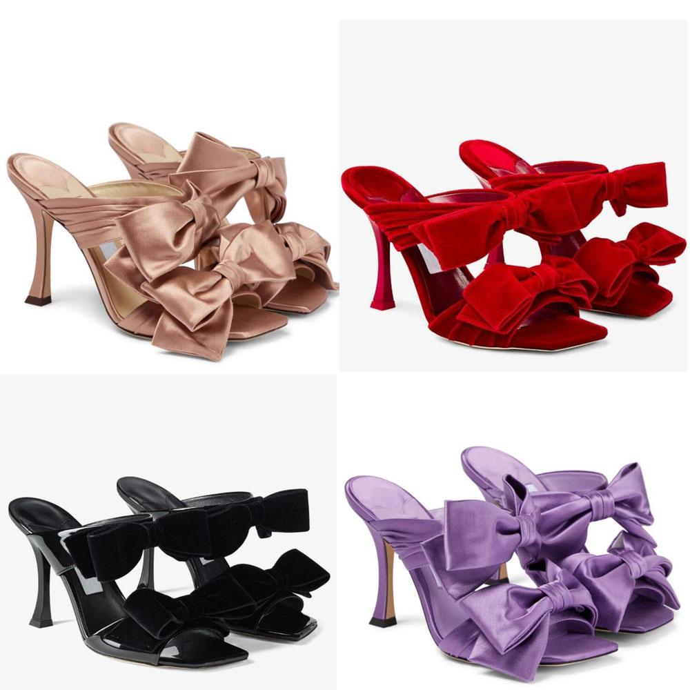 

Summer Luxury Flaca Women's Sandals Velvet Double Bowknot Square Toe Non slip Slippers Fashion Women Sexy Party Wedding Dress High Heels