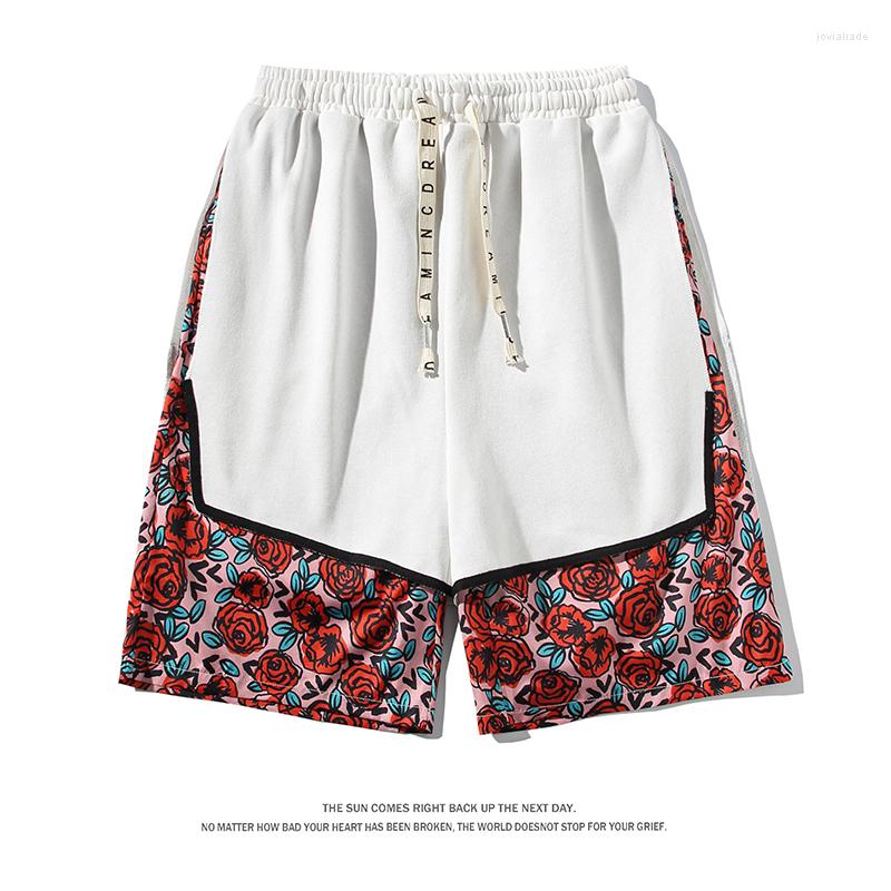 

Men's Shorts Summer Hip Hop Men Rose Flower Print Fashion Casual Streetwear Sweatshorts Patchwork 2 In 1 High Street, Black