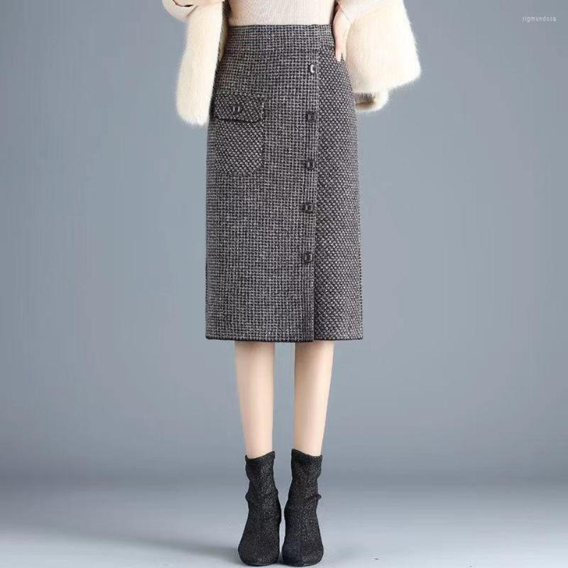 

Skirts 2023 Winter Women High Waist Houndstooth Vintage French Temperament Womens Single Row Buttons Midi-skirt M66, Gray