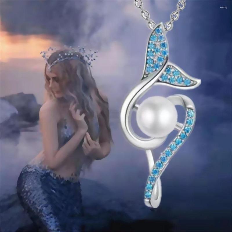 

Pendant Necklaces Mermaid Tail Pearl Necklace Sparking Blue Rhinestone Alloy Charm Choker For Women Party Bridal Wedding Fine Jewelry