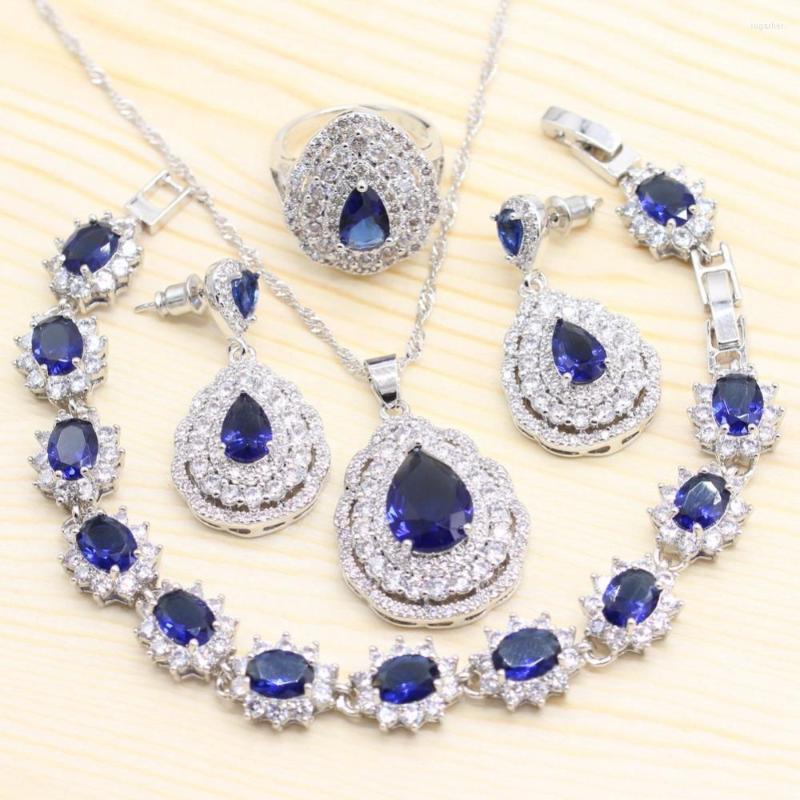 

Necklace Earrings Set 925 Silver Royal Blue Zirconia Wedding Jewelry For Women Heart Shape Pendant Ring Bracelet S Gift Box, Picture shown