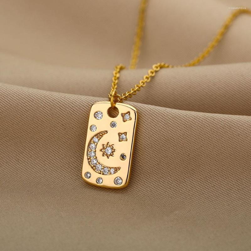 

Pendant Necklaces Gothic Square Sun Moon Star Zircon For Women Stainless Steel Chain Choker Charm Christmas Jewelry Gift