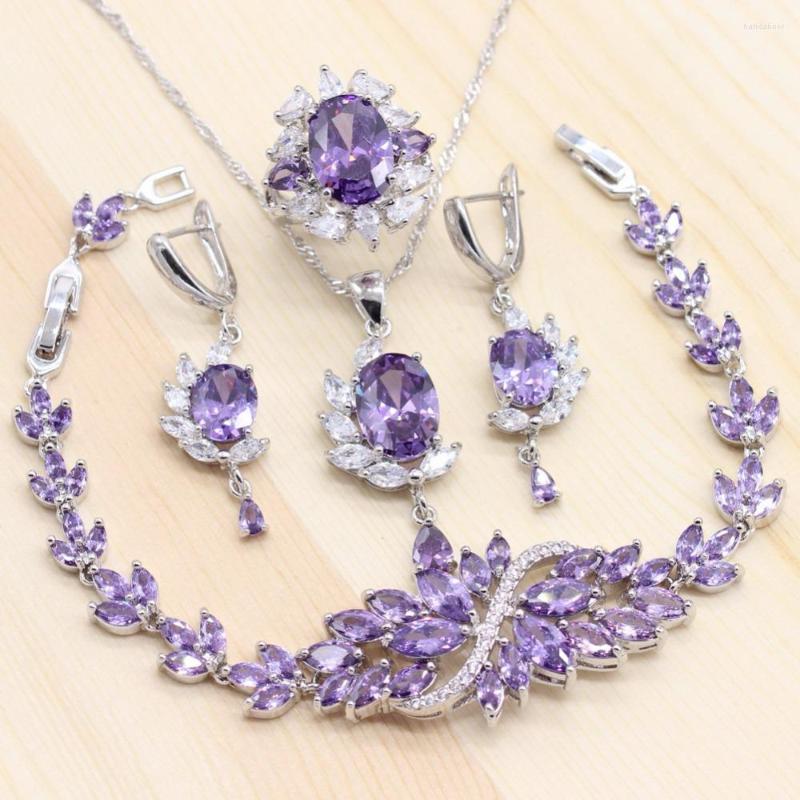 

Necklace Earrings Set Women Wedding Purple Watch Similar Bracelets 925 Silver Pendant Long Rings Sets, Picture shown