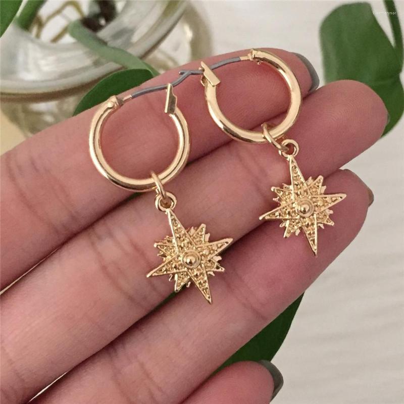 

Hoop Earrings Lovely Girl Gold Color Star Shape Engraved Charm Little For Women Daily Dainty Accessaries