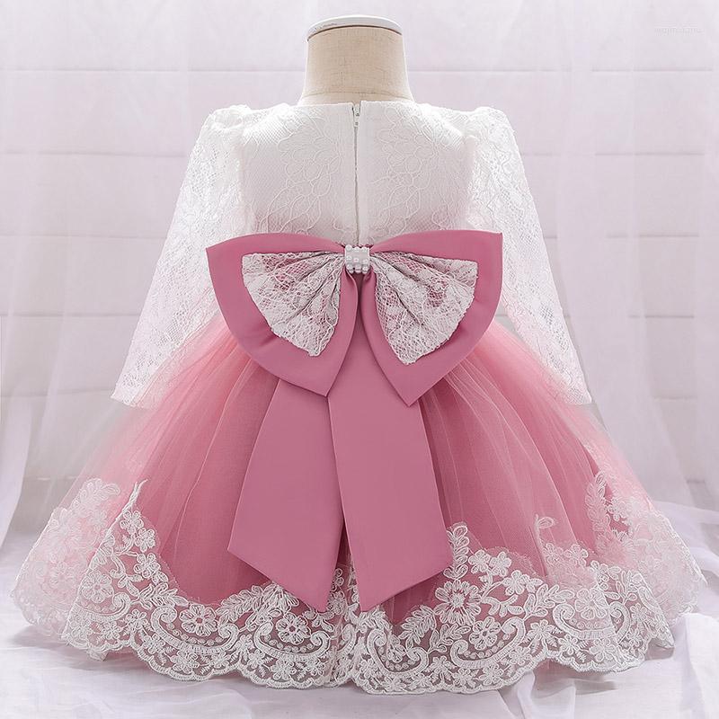 

Girl Dresses Beads Flower Infant Baby Dress Lace Big Bow Baptism For Girls First Year Birthday Party Wedding Clothes, White