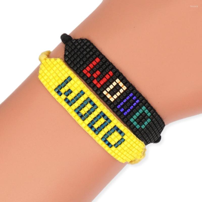 

Link Bracelets Black Personality Letters WOOD Hip Hop Women's Miyuki Rice Beads Pure Hand-woven Beaded Punk Style Bracelet Women