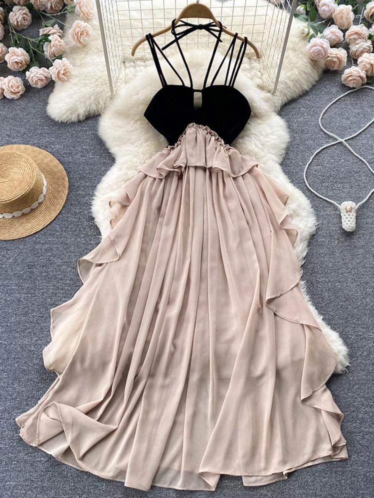 

Casual Dresses Summer Sweet Babes French Super Fairy Holiday Irregular Suspender Fashion Seaside Beach Stitching Chiffon Vestidos Women, Apricot