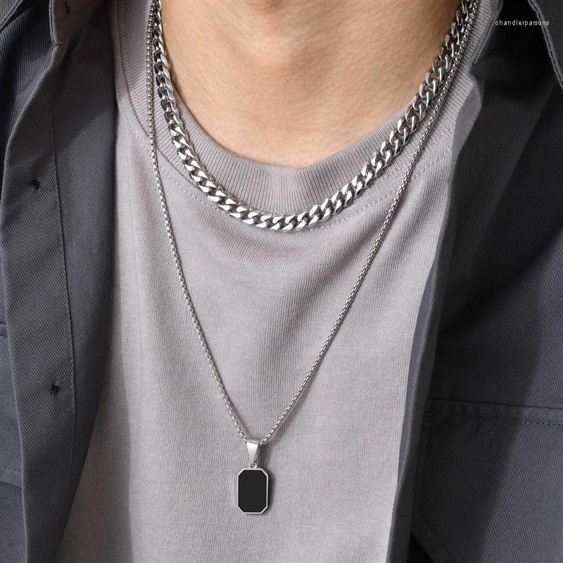 

Pendant Necklaces Double Layer For Men Geometric Square Wheat Box Cuban Chain Cool Boy Collar Necklace