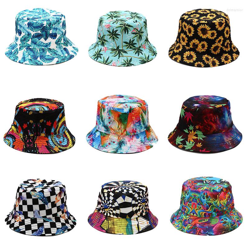 

Berets Ins Plant Printing Pattern Fisherman Hat Women Spring Summer Sun Proof Men Basin Unisex Beach Bucket Casual