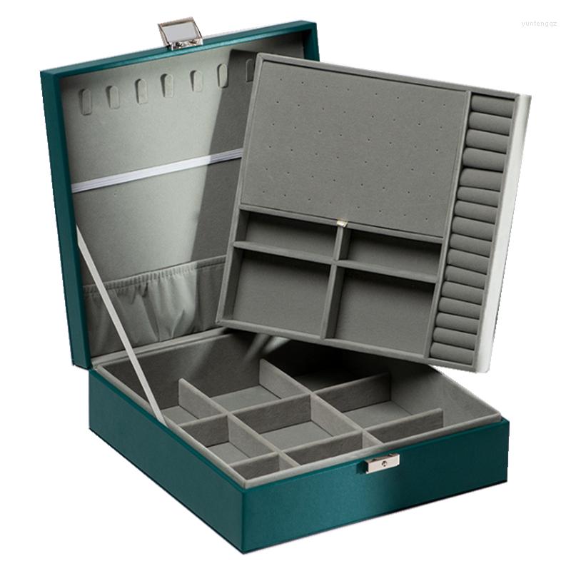 

Jewelry Pouches Two Layers Retro Leather Box With Necklace Hook Earrings Ring Storage Case Dark Green Color