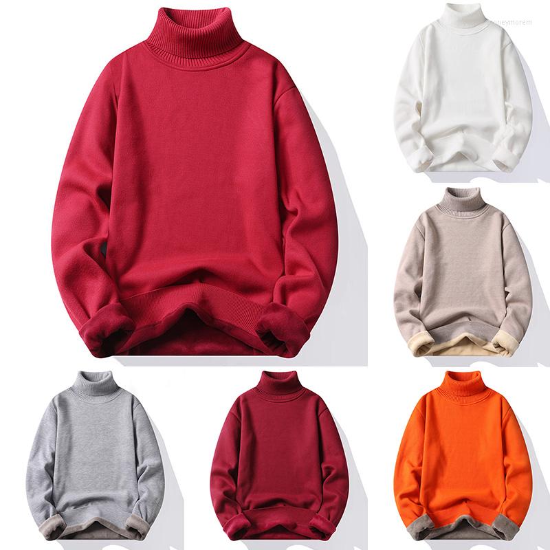 

Men's Sweaters Men Winter Warm Plush Pullover Solid Color Turtle Neck Long Sleeve Knitted Sweater Men's Knitwear, White