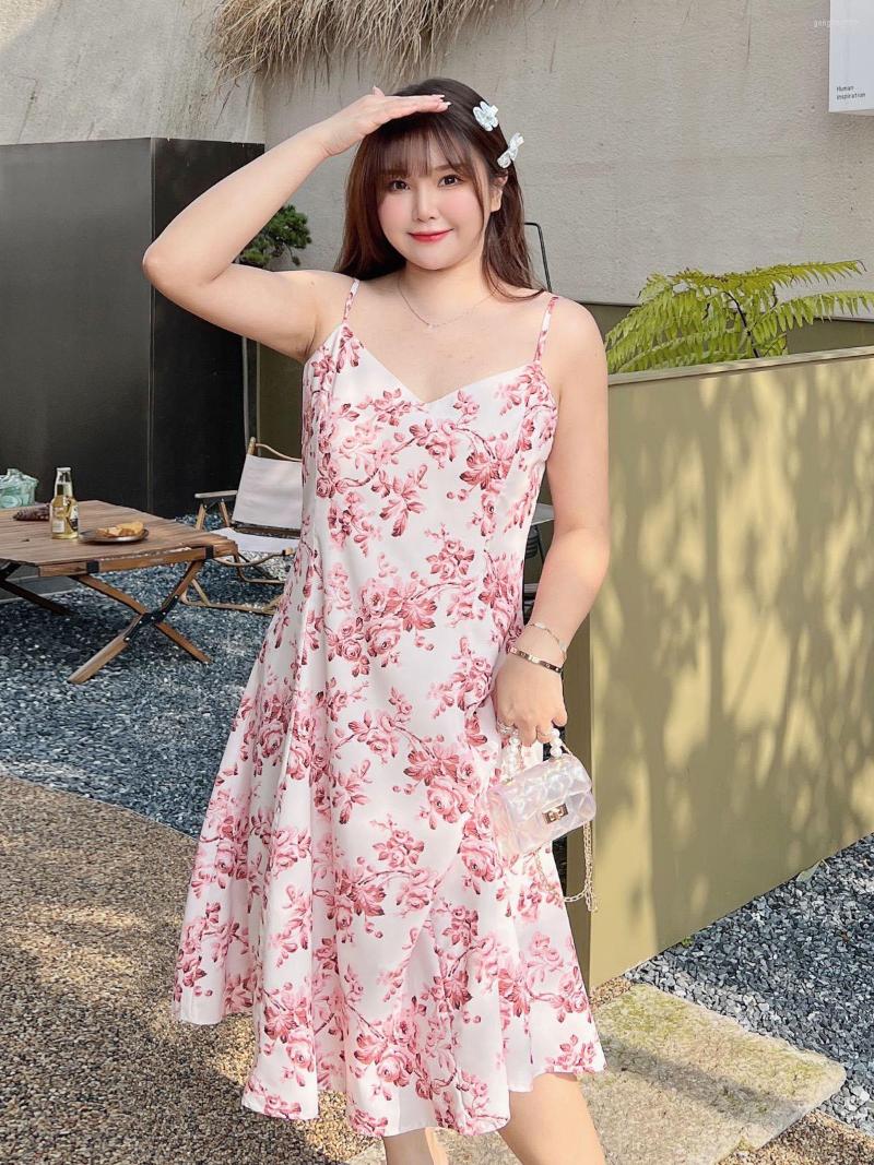 

Casual Dresses Women Floral Sweet A-LINE Mid-Calf Spaghetti Strap V-Neck Summer Sleeveless Empire Waist One-Piece, Sakura pink