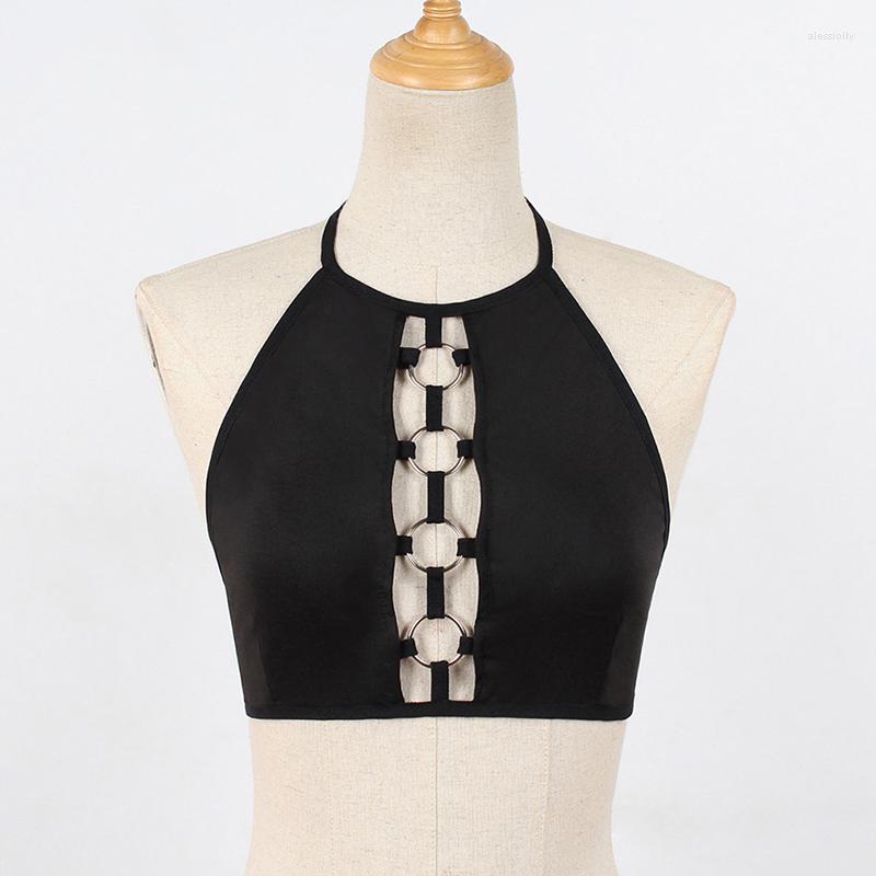 

Women's Tanks Sexy Women Crop Tops Ladies Halter Ring Hollow Out Elastic Cage Bra Bandage Strappy Regata Feminina 2023, Black