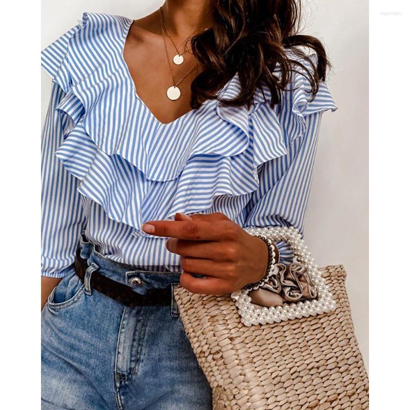 

Women' Blouses Womens Tops Short Sleeve Office Elegant Blue Striped Shirt Ladies Ruffles Streetwear Fashion Summer Casual Off Shoulder