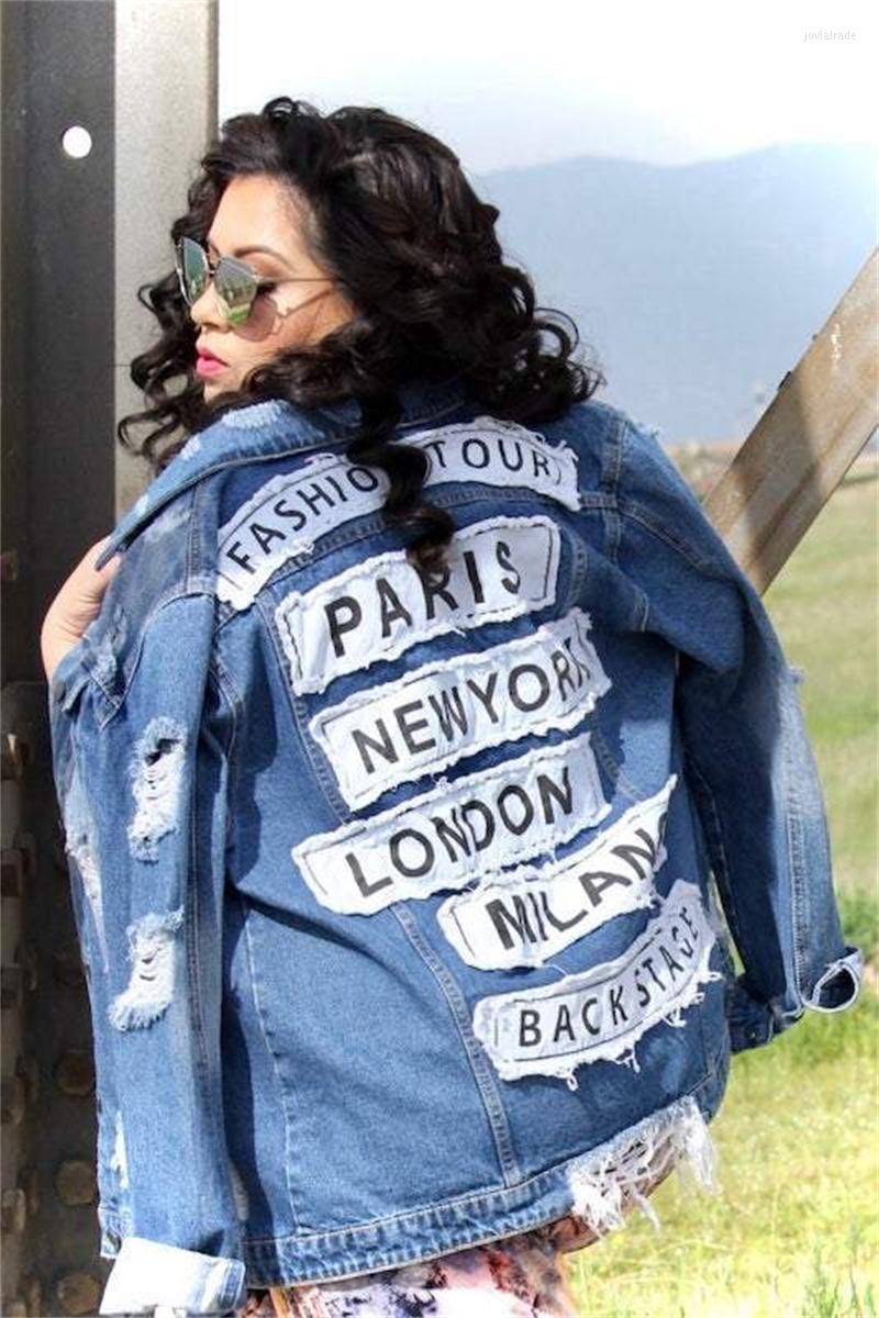 

Women' Jackets Women Letter Print Denim Coat Casual Ripped Holes, Sky blue