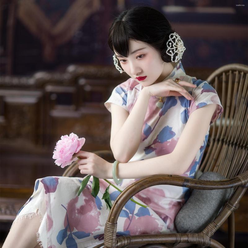 

Ethnic Clothing YiChengFengXu Sweet Stand Collar Floral Print Short Sleeve Cheongsam Dress Women Elegant Pearl Buckle Girls Party Dresses