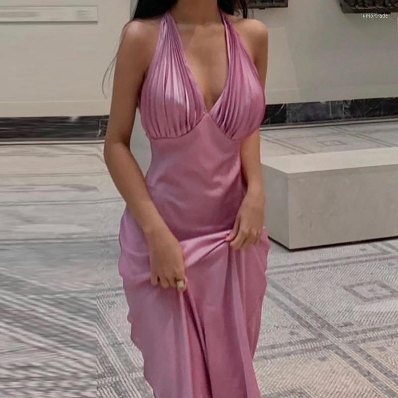 

Casual Dresses Sexy V Neck Dress Sleeveless Midi Satin Halter Backless Purple Yellow 2023 Summer Women Party