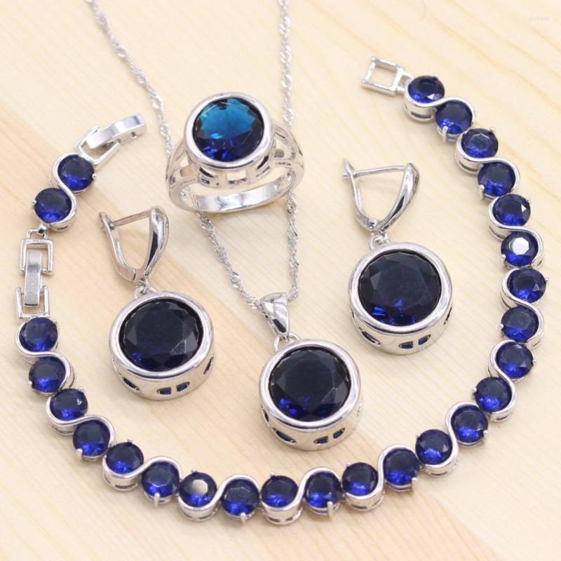 

Necklace Earrings Set 925 Sliver Women Wedding 4PCS Blue Cubic Zirconia Bracelets Pendant Rings Jewelry Free Gifts Box, Picture shown