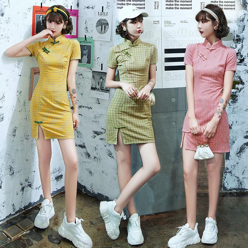 

Ethnic Clothing Summer Lady Short Sleeve Grid Cotton Qipao Women Sexy Party Dress Chinese Traditional Female Catwalk Cheongsam