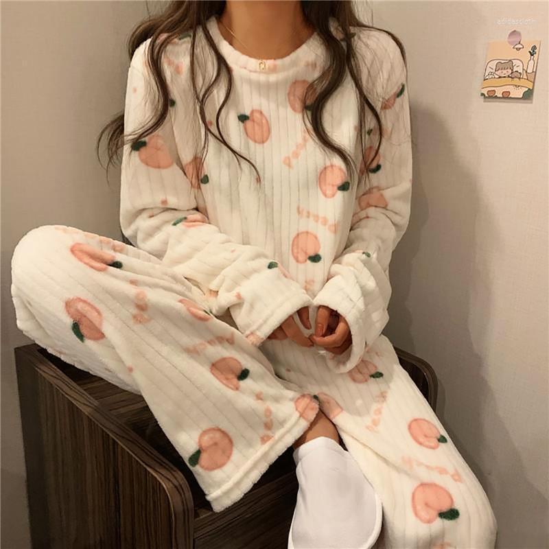 

Women's Sleepwear Women Winter Flannel Pajama Set Fleece Pyjamas Homewear Strip Kawaii Print Warm Velvet Female Suit Ladies Pijama, Shirt