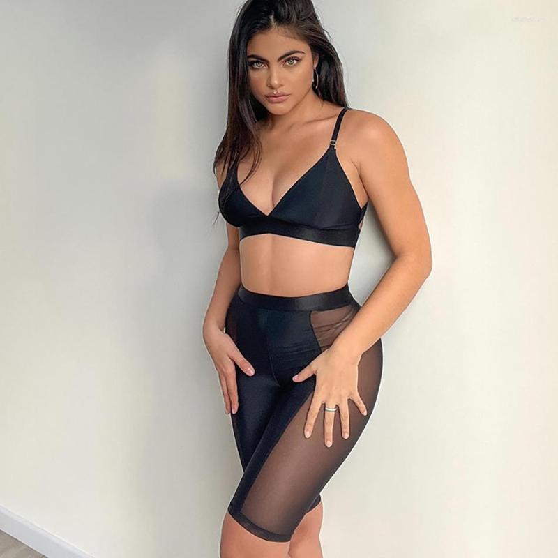 

Women' Tracksuits Sling Backless Stitching Mesh Shorts Casual Sports Suit, Black