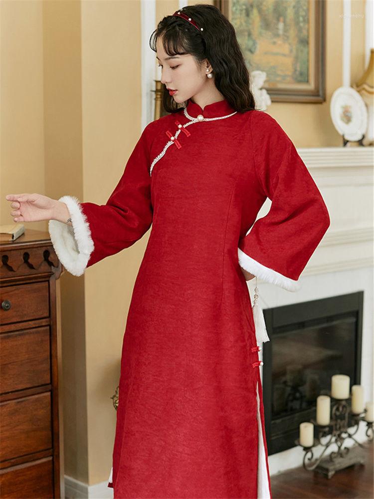 

Ethnic Clothing Plush Thickened Chinese Style Autumn Winter Modern Cheongsam Dress Red Year Long Elegant Dresses Qipao