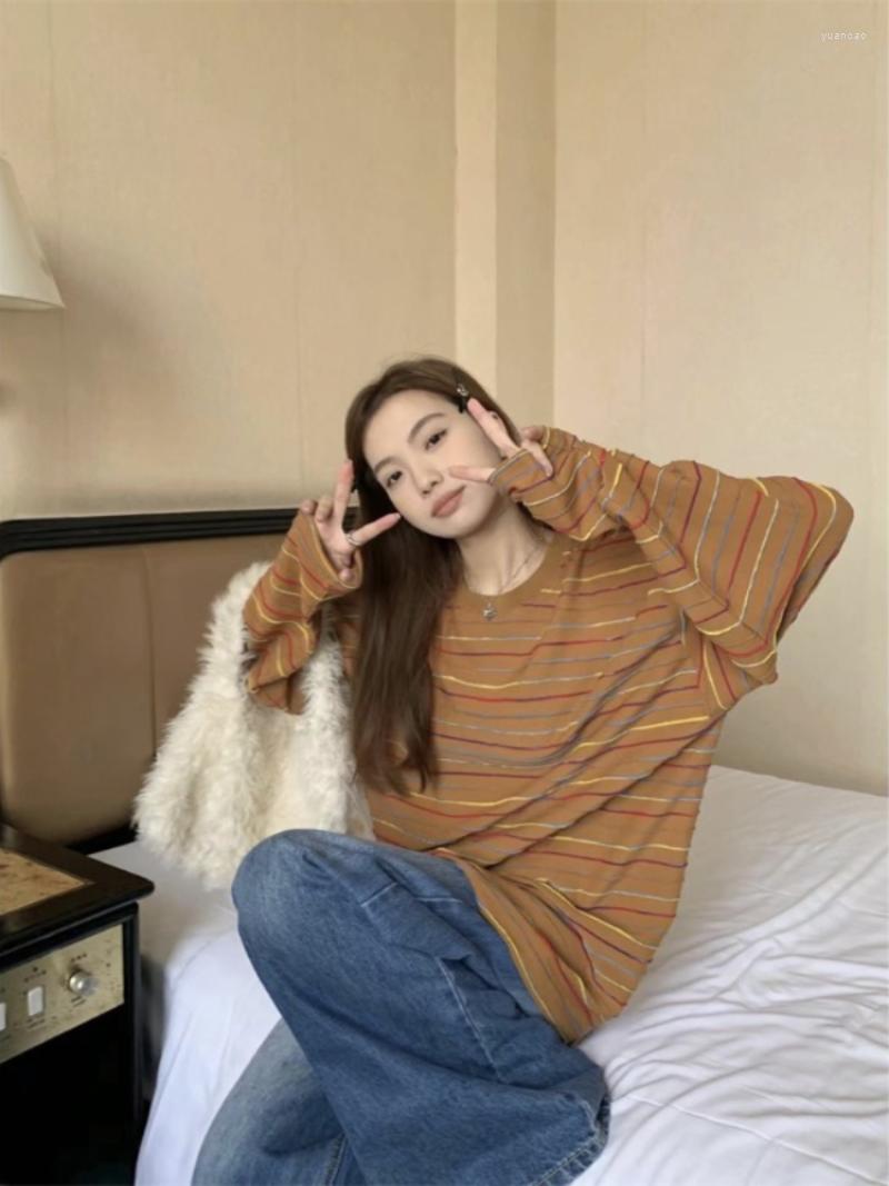 

Women's T Shirts Vintage Colorful Striped Tshirt Women O-neck Loose Casual Long Sleeve Tee Korean Fashion Y2k Sweet Top Aesthetic Clothing, Dark gray