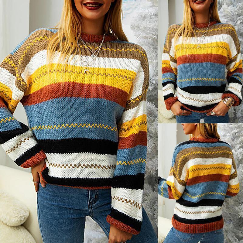 

Women' Sweaters Women' 2023 Autumn And Winter Tops Fashion Color Striped Stitching Round Neck Long Sleeve Temperament Casual Loose, Color stripe