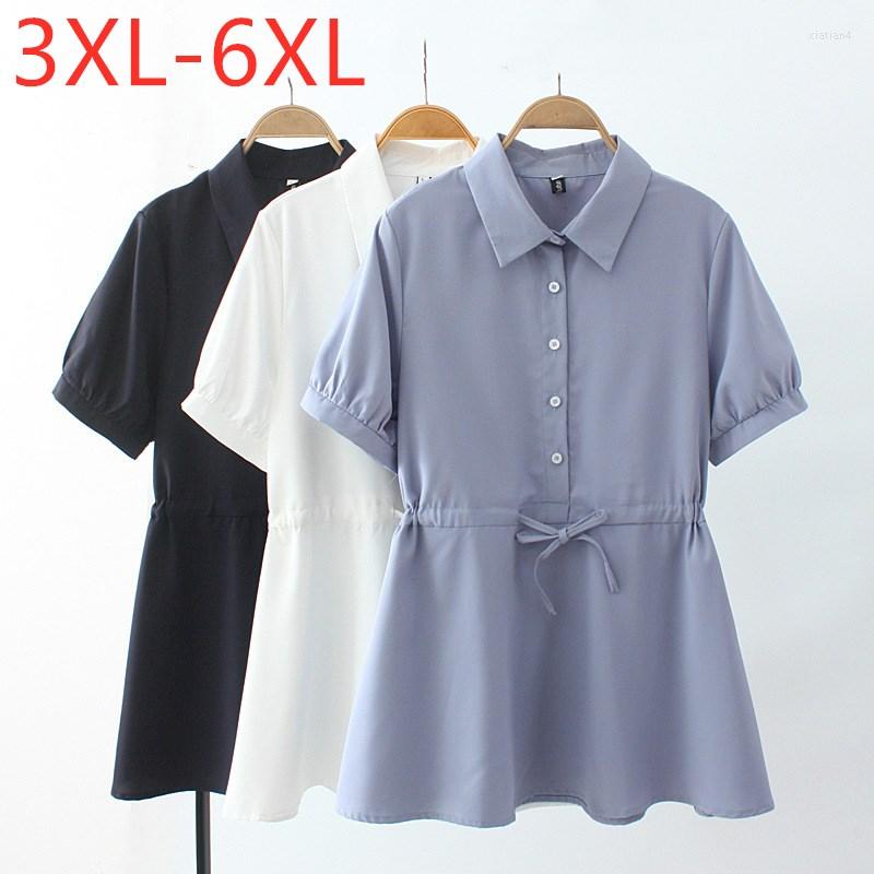 

Women's Blouses 2023 Ladies Summer Plus Size Tops For Women Large Blouse Short Sleeve Loose Casual White Blue Belt Shirt 3XL  5XL 6XL