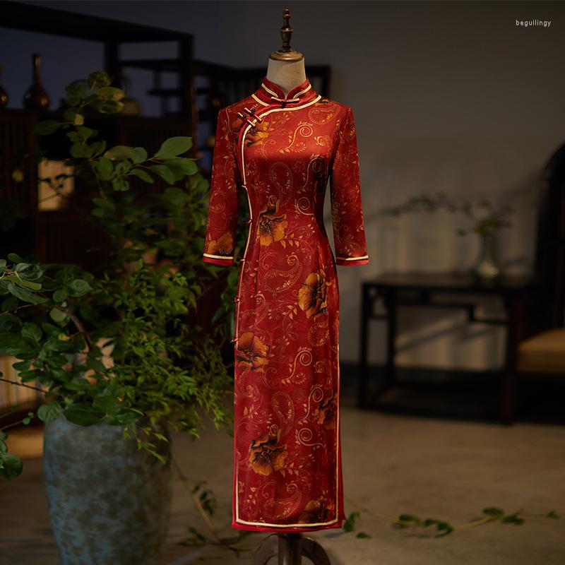 

Ethnic Clothing Sexy Traditional Chinese Mandarin Collar Cashew Printed Satin Women Qipao Elegant Seven Points Sleeve Cheongsam
